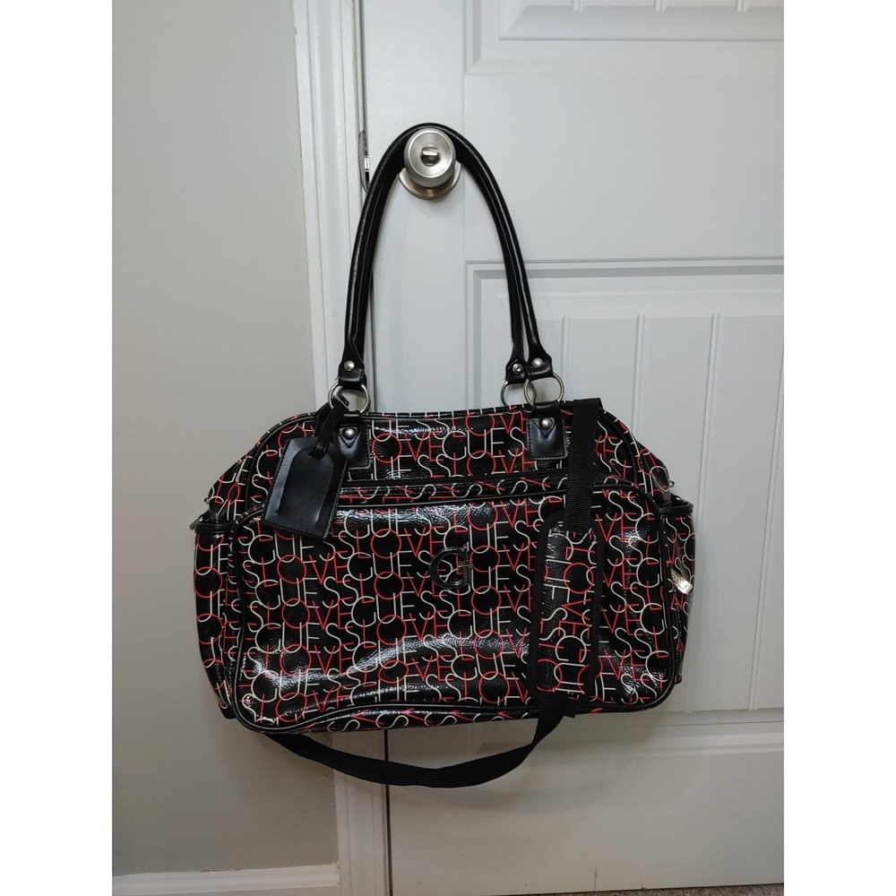 Y2K Guess Black Monogram Vinyl Double Handle Crossbody Large Travel Weekend Bag
